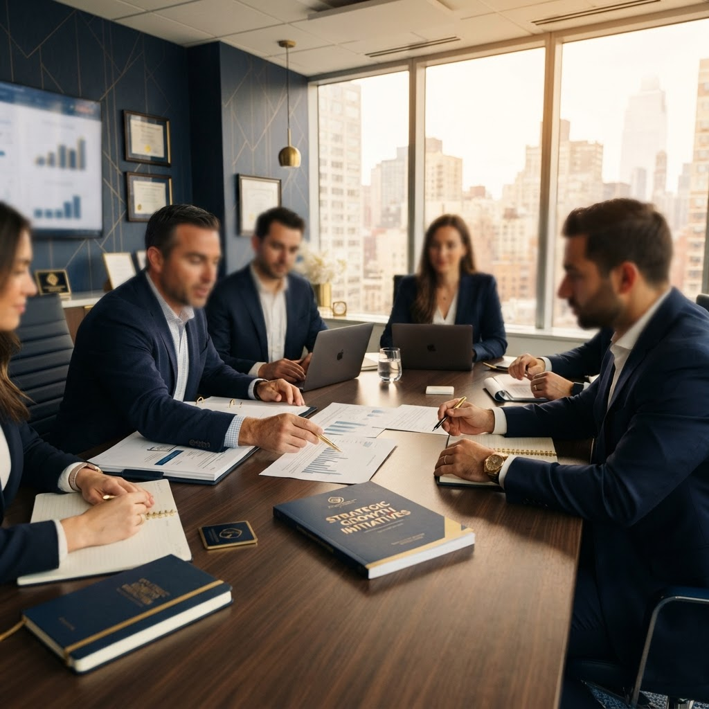 Business consultants working with executives around a conference table reviewing business plans