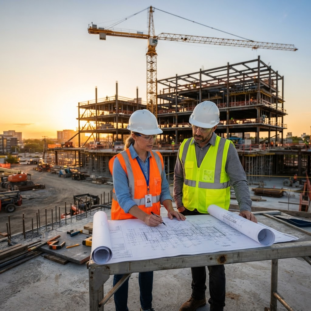 Construction leaders reviewing plans at an active development site