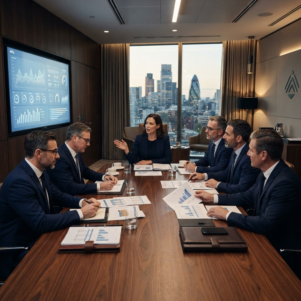 Business leaders reviewing financial reports and performance dashboards